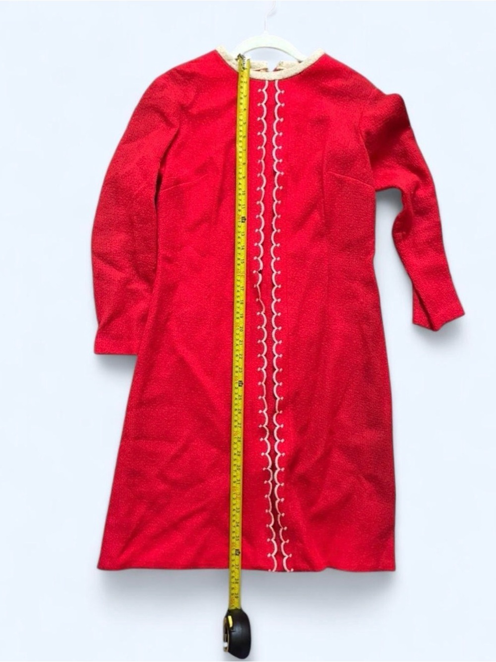 Vintage Red 100% Wool Scalloped Trim Retro Shift Dress Size 15 - Picture 4 of 7